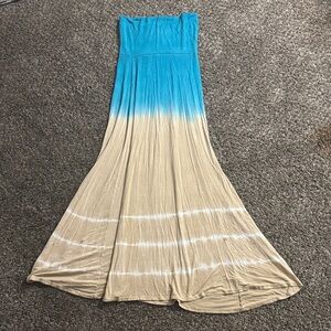 Blue and Tan Strapless Maxi Dress
